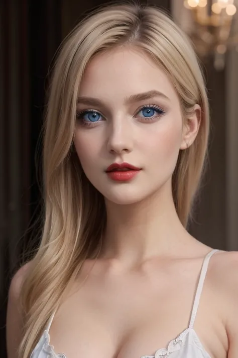 Beautiful blonde woman, with striking blue eyes and red lips. realistic photo, Masterpiece