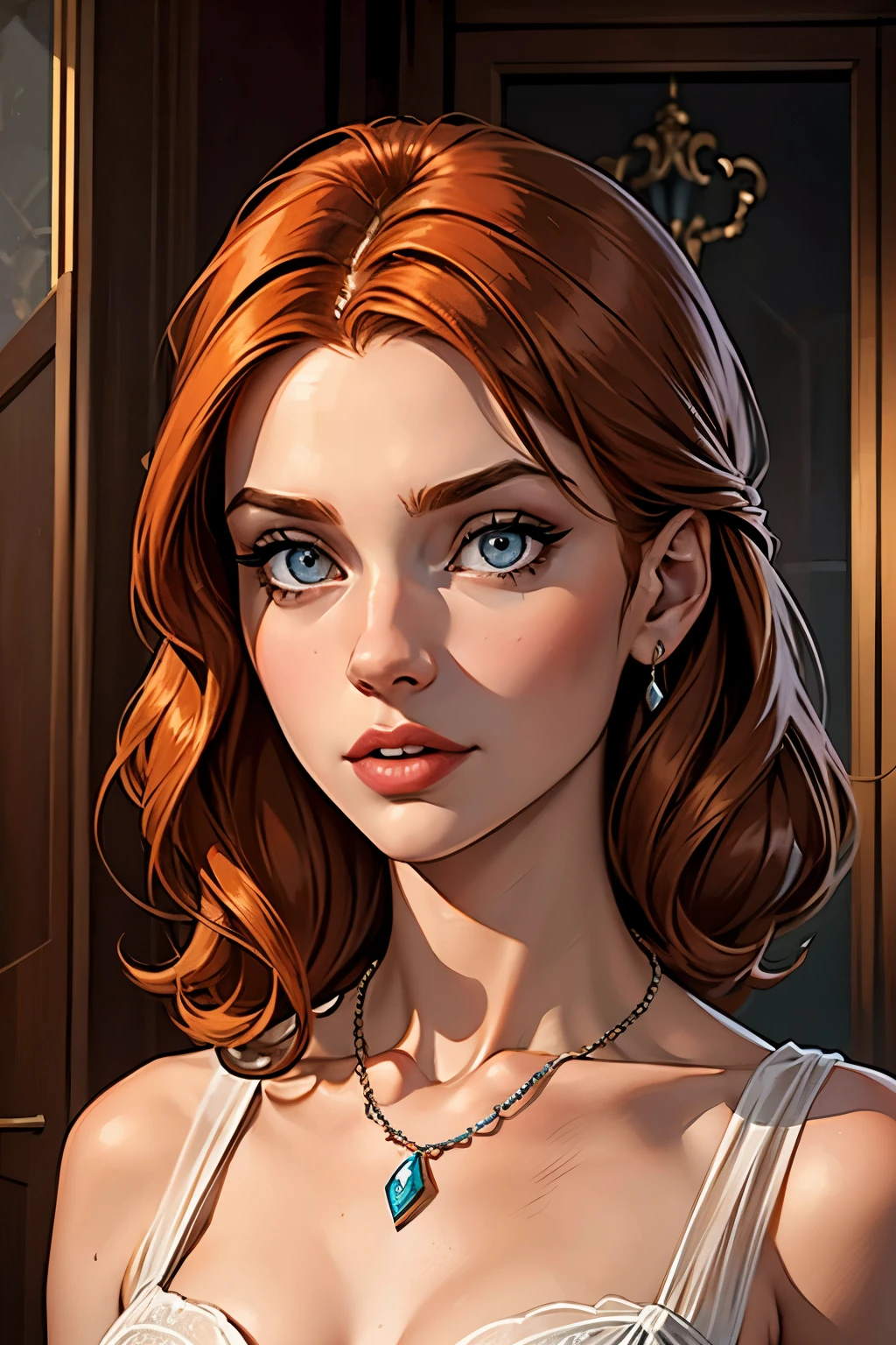 best qualityer, work of art, (realisitic: 1.2), 1 girl, slender girl, ginger hair, eyes browns, 3/4 view, face detailed, gorgeous eyes, eyes gray, breasts small, necklace, see through gown