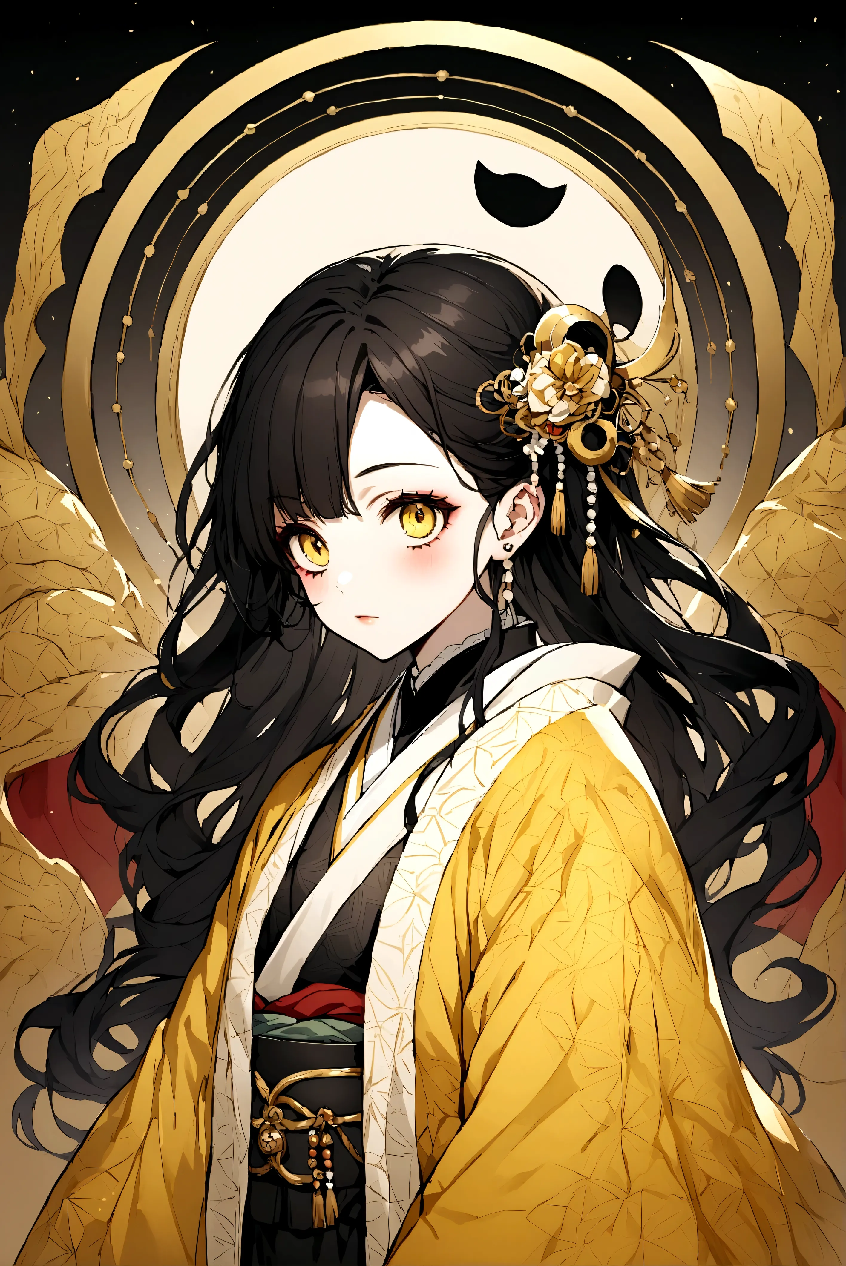 pretty teenager,bblack hair,one eye black and the other yellow, kimono half moon and the other half sun