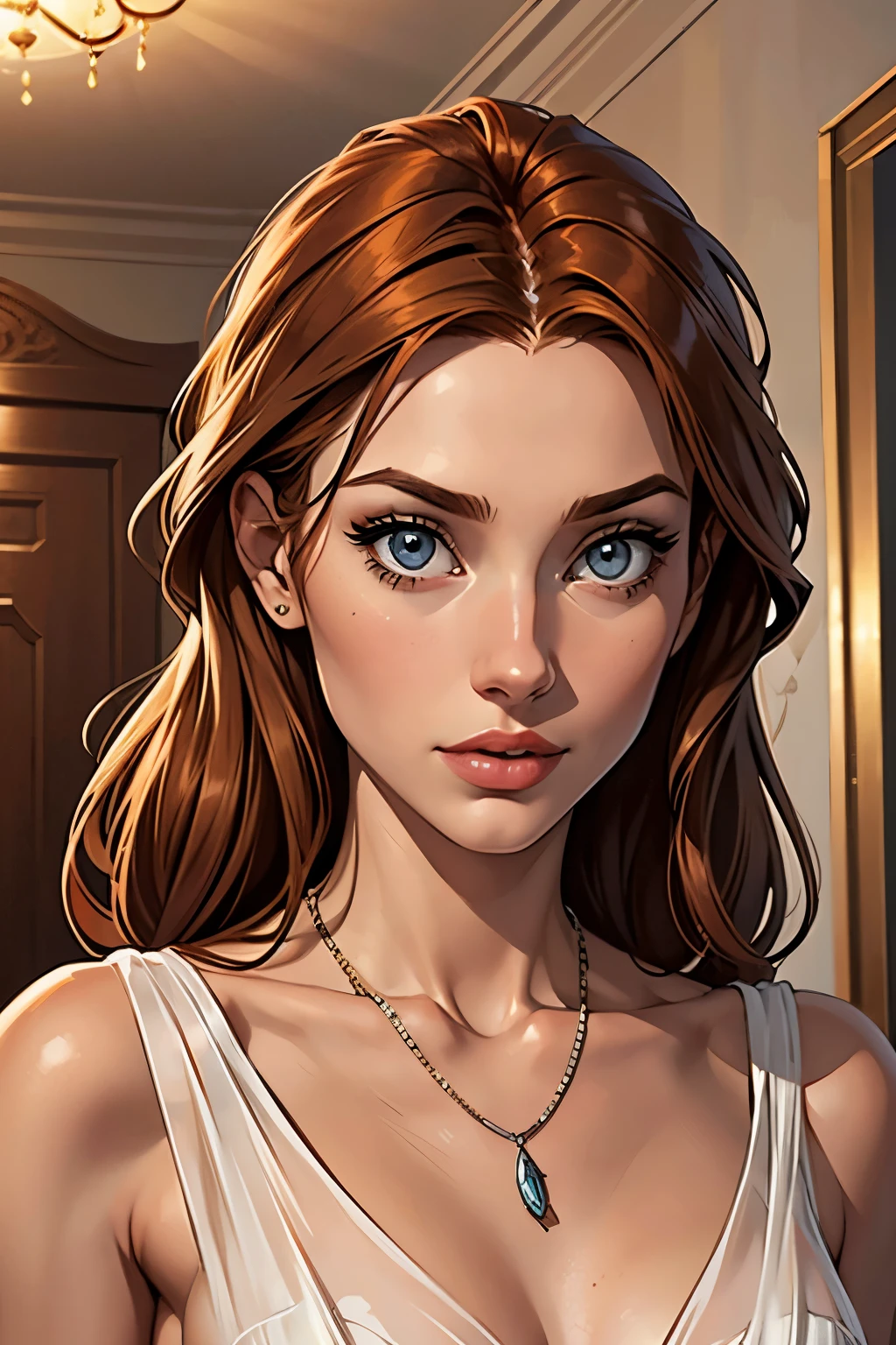 best qualityer, work of art, (realisitic: 1.2), 1 girl, slender girl, ginger hair, eyes browns, 3/4 view, face detailed, gorgeous eyes, eyes gray, breasts small, necklace, see through gown