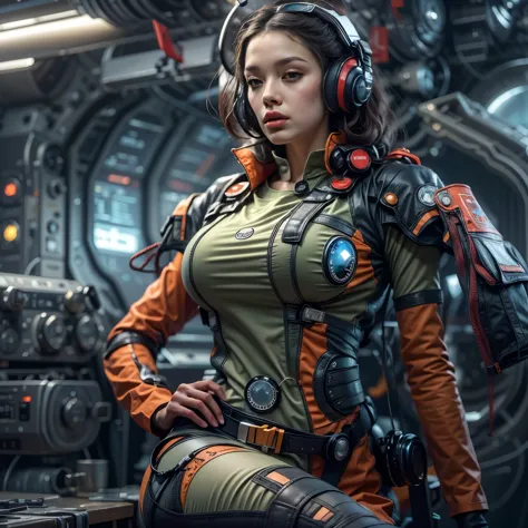 Beautiful and sophisticated woman in tight clothing, Erotic and form-fitting pilot suit、巨大Mechaのパイロット、背景は巨大Mechaの工場、Very sophist...