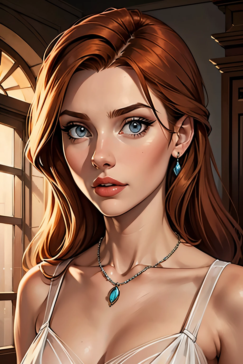 best qualityer, work of art, (realisitic: 1.2), 1 girl, slender girl, ginger hair, eyes browns, 3/4 view, face detailed, gorgeous eyes, eyes gray, eyes large, breasts small, necklace, see through gown