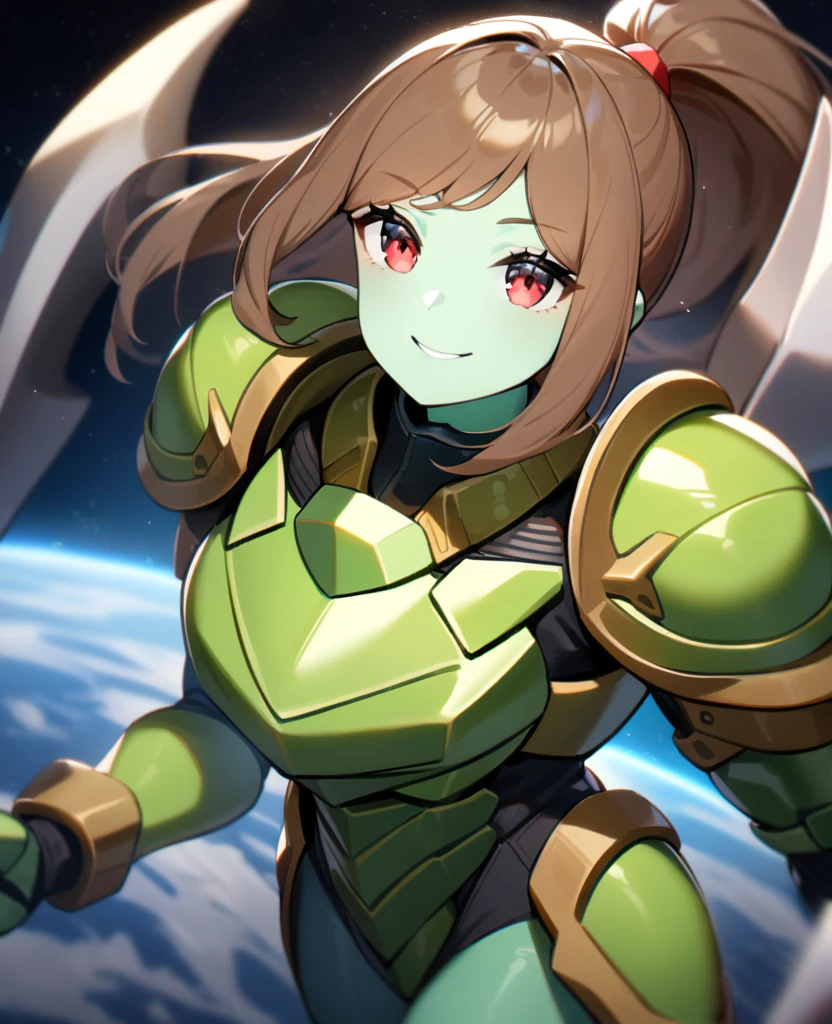 1girl,solo,red eyes,((brown hair:1.5)), bulky mismatched armor, green power armor,ponytail,((light green skin)),green chest armor,cowboy shot,in space ship,zero gravity,Science fiction,ultra-detailed,sharp focus,aesthetic,(best quality) smiling, purple halberd, giant woman