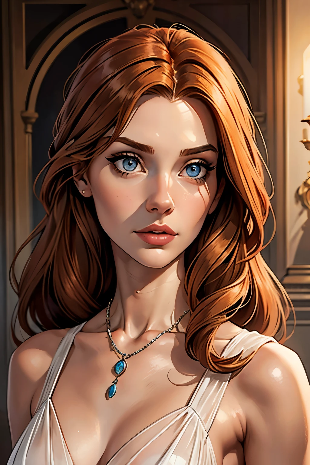 best qualityer, work of art, (realisitic: 1.2), 1 girl, slender girl, ginger hair, eyes browns, 3/4 view, face detailed, gorgeous eyes, eyes gray, eyes large, breasts small, necklace, see through gown