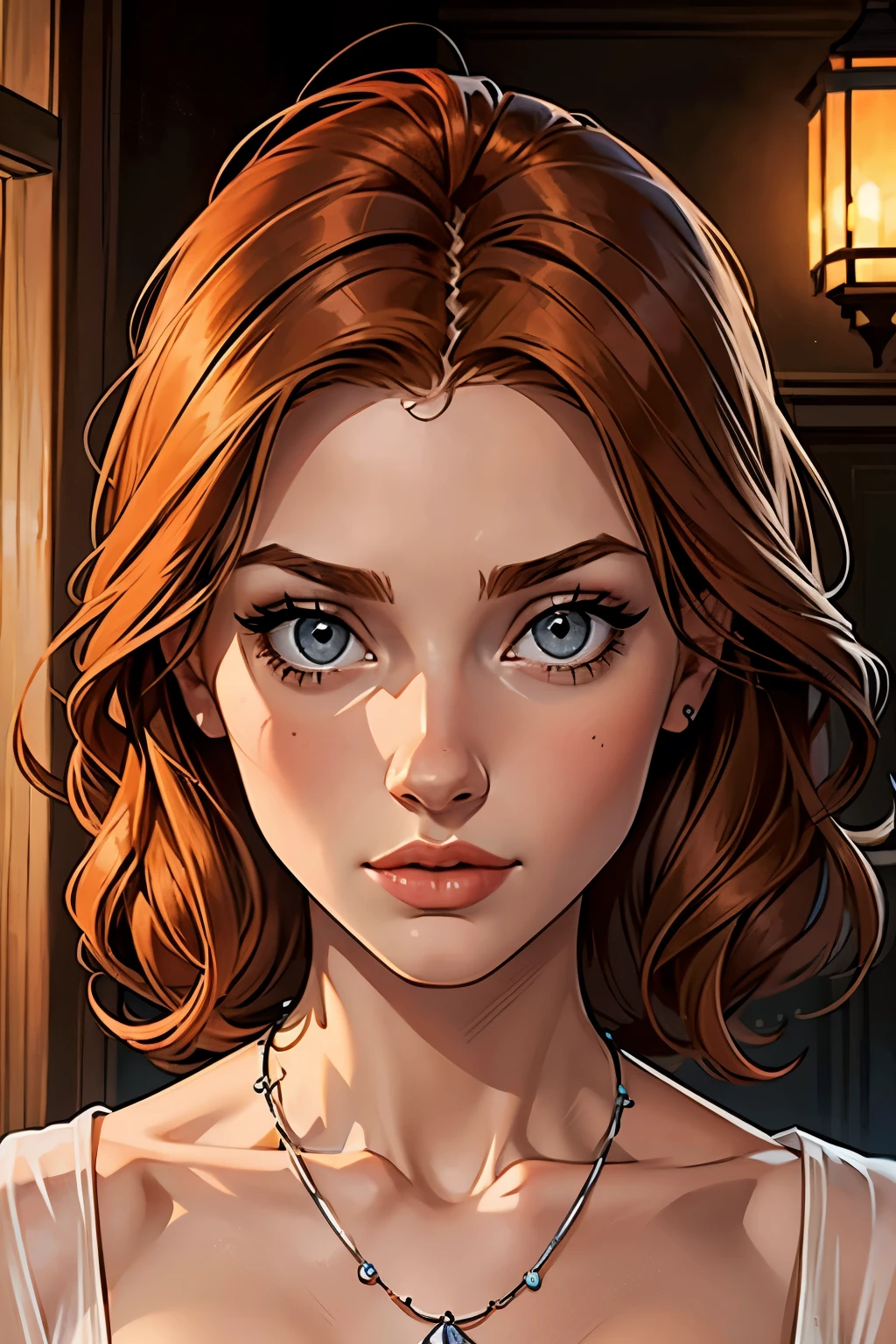 best qualityer, work of art, (realisitic: 1.2), 1 girl, slender girl, ginger hair, eyes browns, 3/4 view, face detailed, gorgeous eyes, eyes gray, eyes large, breasts small, necklace, see through gown