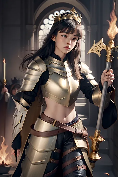 (light black woman) (straight and long hair) (with eyebrow-length bangs) (violet eye) (with a golden armor) (a flaming sword in ...