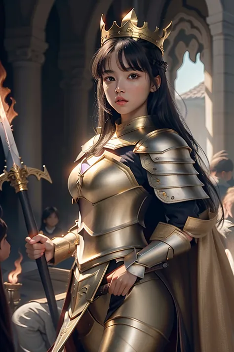 (light black woman) (straight and long hair) (with eyebrow-length bangs) (violet eye) (with a golden armor) (a flaming sword in ...