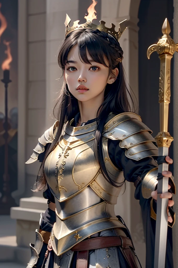 (light black woman) (straight and long hair) (with eyebrow-length bangs) (violet eye) (with a golden armor) (a flaming sword in his right hand and one with a staff in his left) (a crown on the head) (white wings)