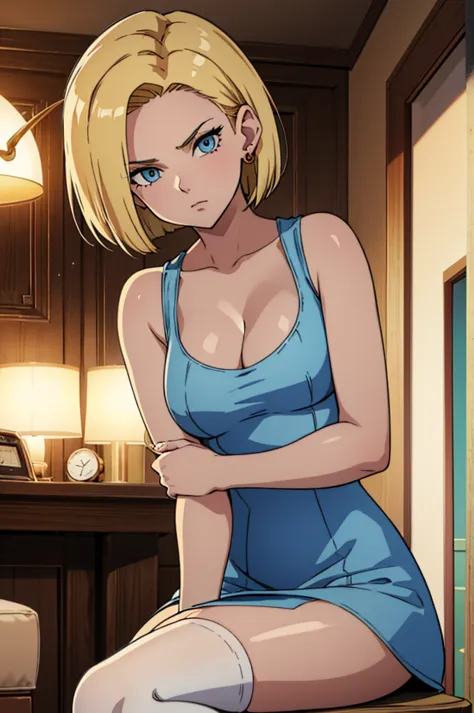 android18, 1girl, solo, looking_at_viewer, short_hair, closed_mouth, blue_eyes, blonde_hair, medium_breasts, thighhighs, mini wh...