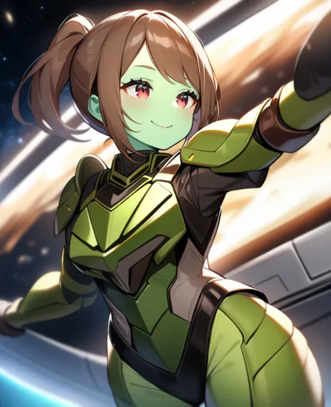 1girl,solo,red eyes,((brown hair:1.5)), mismatched armor, green power armor,ponytail,((light green skin)),cowboy shot,in space s...