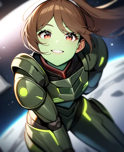 1girl,solo,red eyes,((brown hair:1.5)), mismatched armor, green power armor,ponytail,((light green skin)),cowboy shot,in space s...