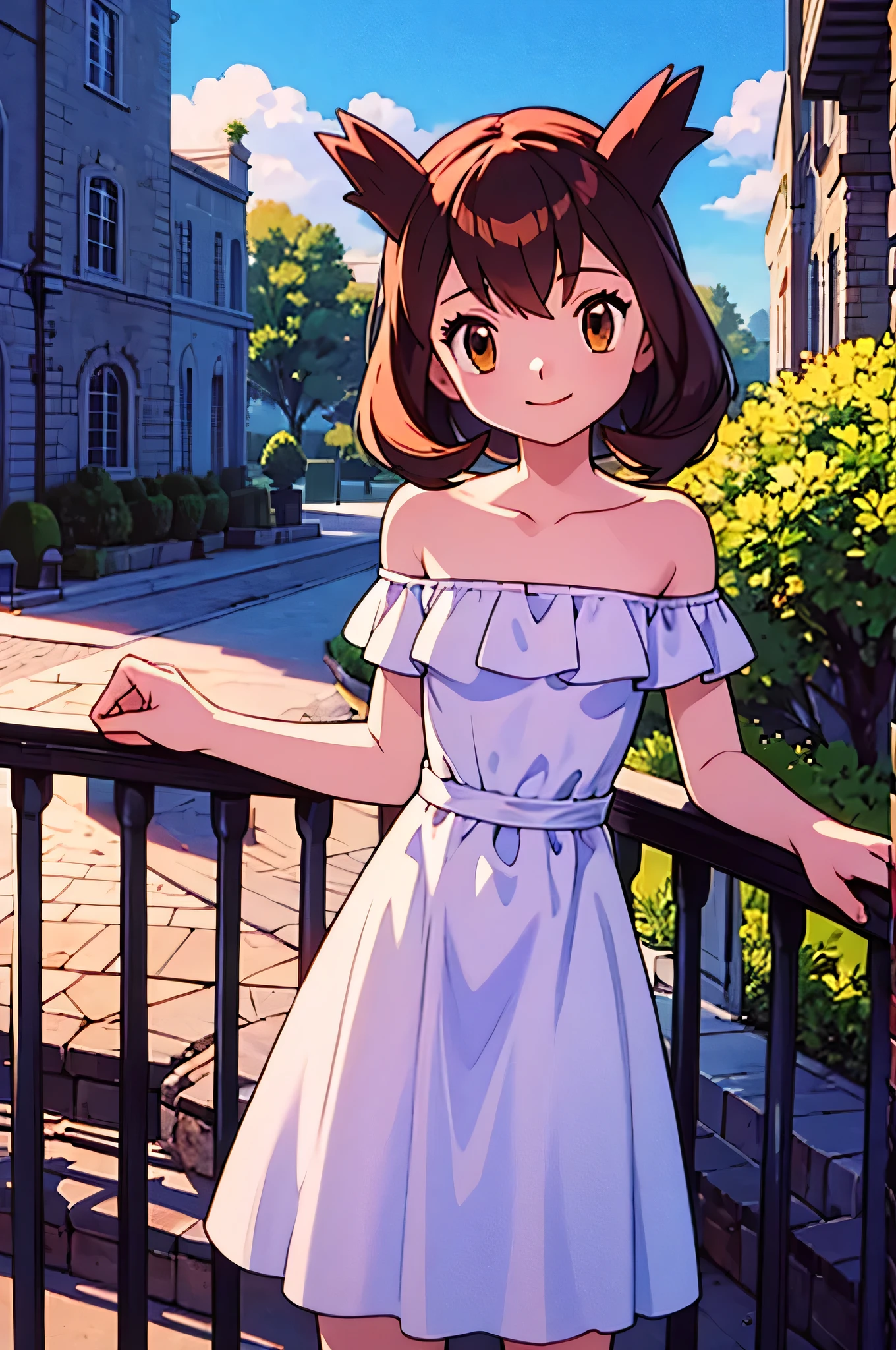 masterpiece, best quality, highres, outdoors, small breasts, 1 girl, Solo, Pokemon Heroes (Bianca), Brown Eyes, Beautiful Detail Eyes, Brown Hair, hands are down, Smile, Bare Neck, Bare Shoulders, strapless, White Ruffle Off-the-Shoulder maxi dress. light smile, intricate details, sharp focus, high resolution, sunlight, standing on a railing, outside the Werribee Park Mansion, and a beautiful garden, cowboy shot, blue skies and clouds, cinema lighting
