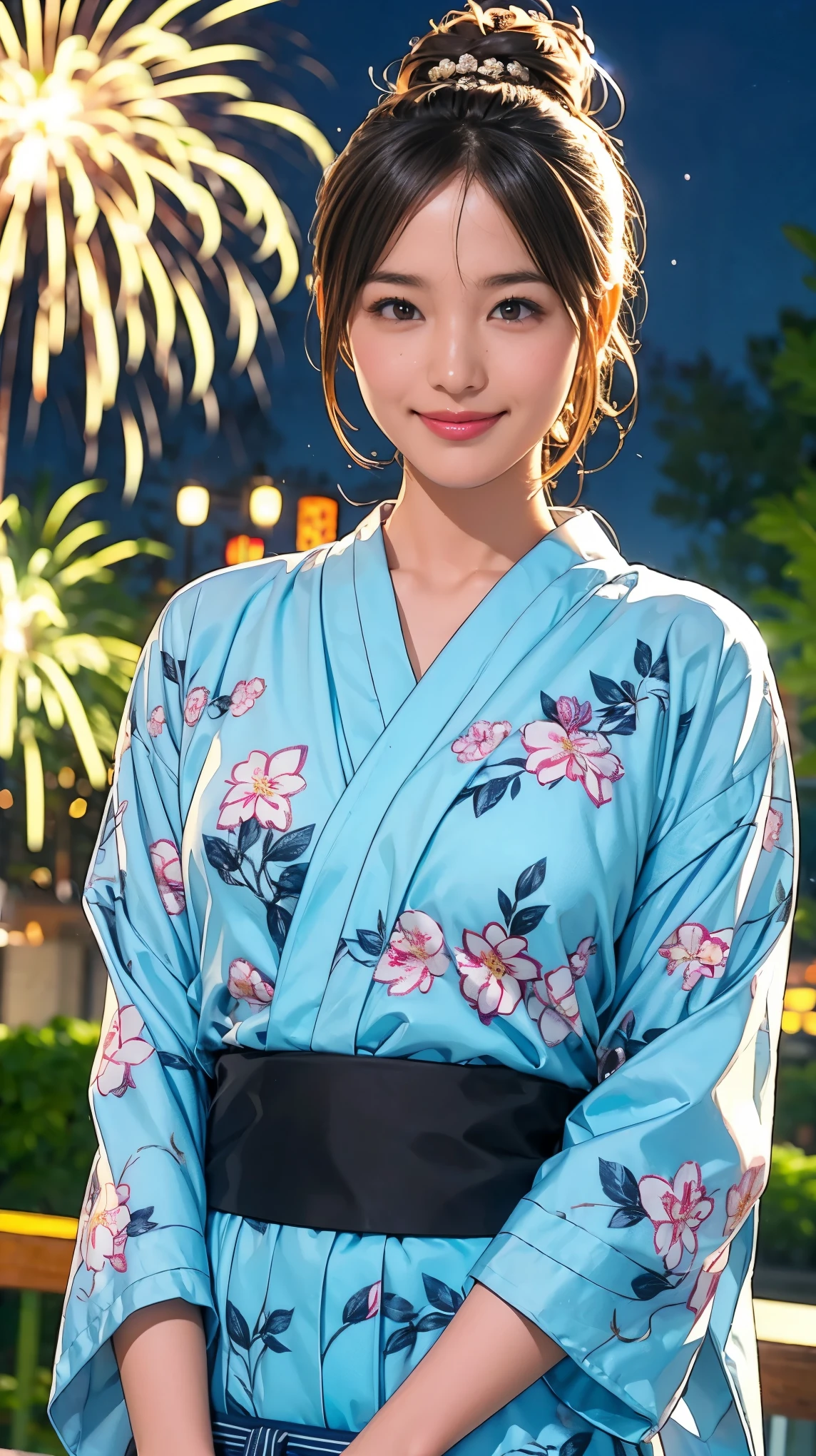 ((masterpiece)),(((Highest quality))),((Character design sheet)),Floral Japan yukata:1.5，Stylish sandals:1.5，The best smile:1.5，Upper Body Shot:1.5，Night fireworks background:1.5，Flashy makeup with red eyeshadow:1.5，Bun Hair:1.5，Model pose，Floral and botanical background:1.5，