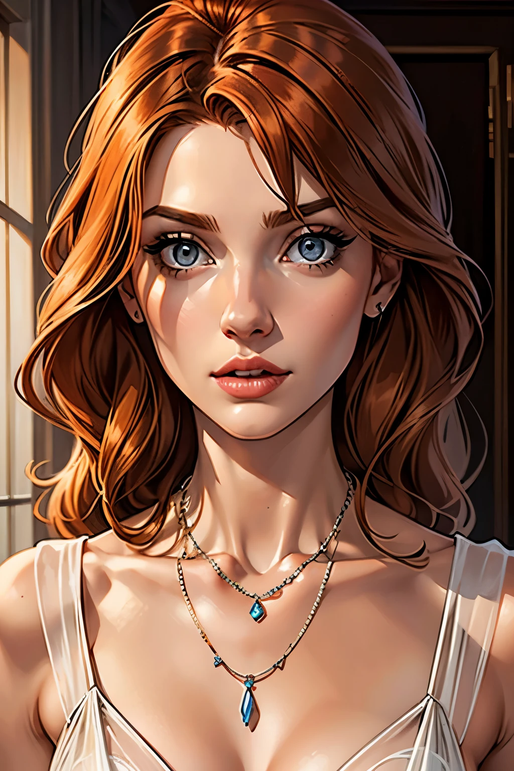 best qualityer, work of art, (realisitic: 1.2), 1 girl, slender girl, ginger hair, eyes browns, 3/4 view, face detailed, gorgeous eyes, eyes gray, eyes large, breasts small, necklace, see through gown