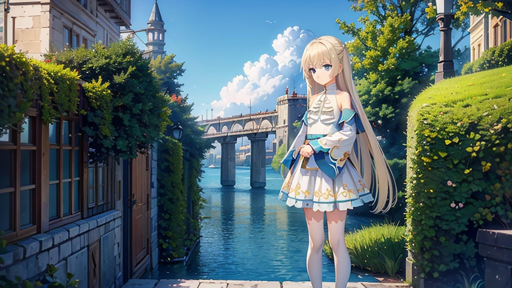 ((masterpiece)),(best quality),Official Art,Extremely detailed CG,Unity 8K wallpaper,Very detailed,Beautiful and delicate eyes,Extremely detailed face,1 girl,solitary,,(whole body:1.5),(small:1.3),，spring，Istanbul，Standing in the castle open air and looking into the distance，Cloudless，sunny