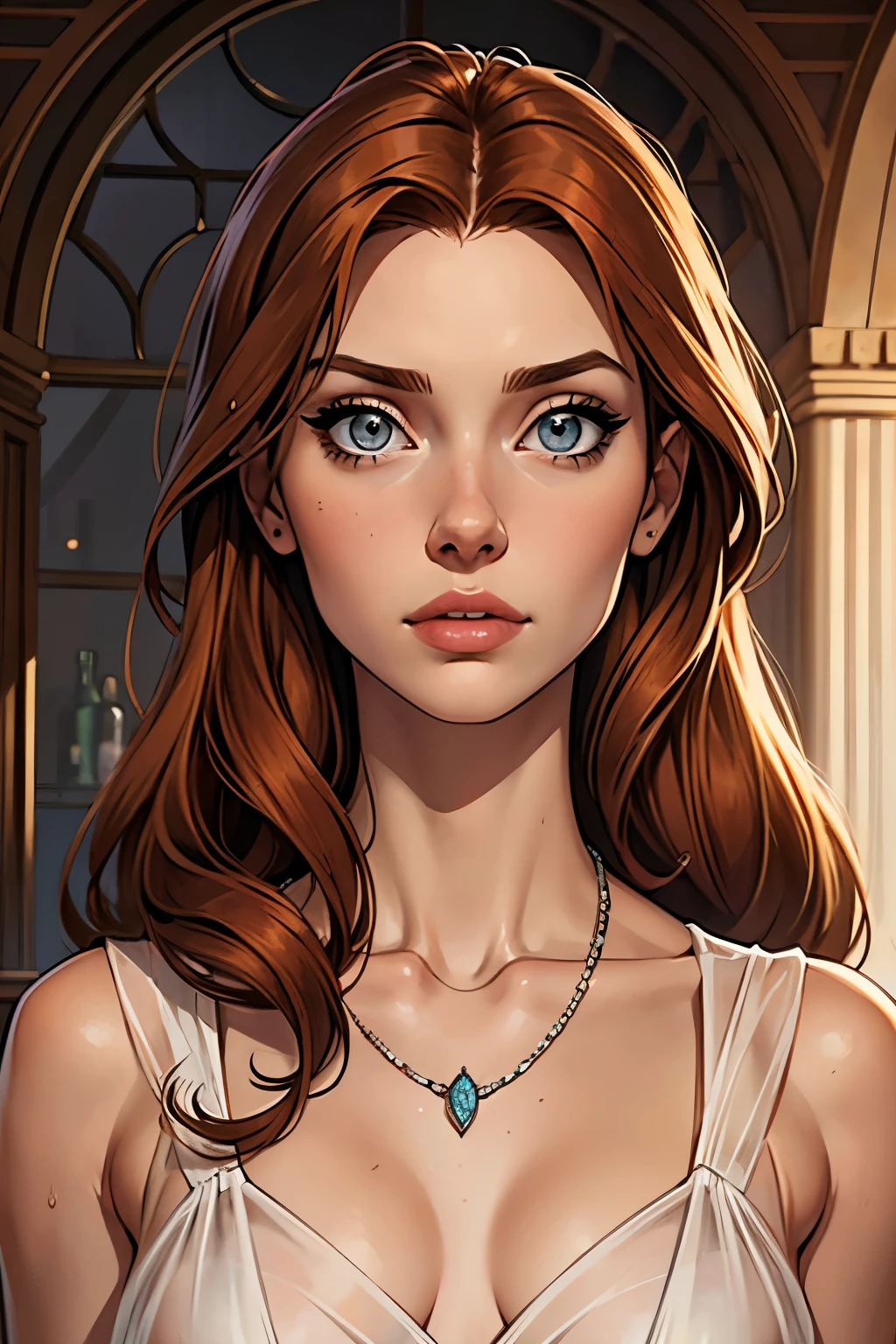 best qualityer, work of art, (realisitic: 1.2), 1 girl, slender girl, ginger hair, eyes browns, 3/4 view, face detailed, gorgeous eyes, eyes gray, eyes large, breasts small, necklace, see through gown