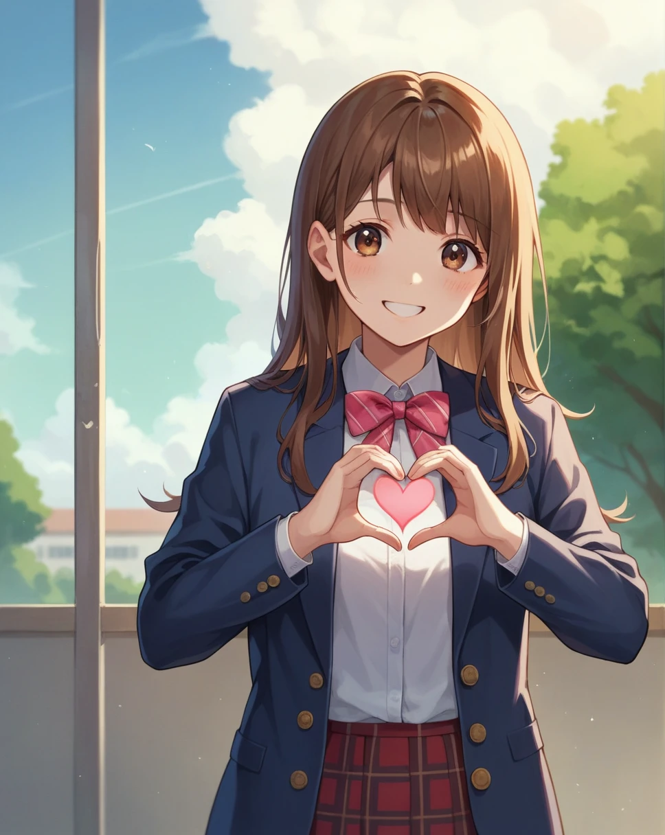 score_9, score_8_up, score_7_up, score_6_up, masterpiece, perfect quality, perfect lighting, nsfw,
school setting, solo girl, smiling girl, cute girl, blushing, upper body shot,
shouko nishimiya, long hair, brown hair, brown eyes, skirt, bow, , jacket, plaid, plaid skirt, blazer,
 heart hands