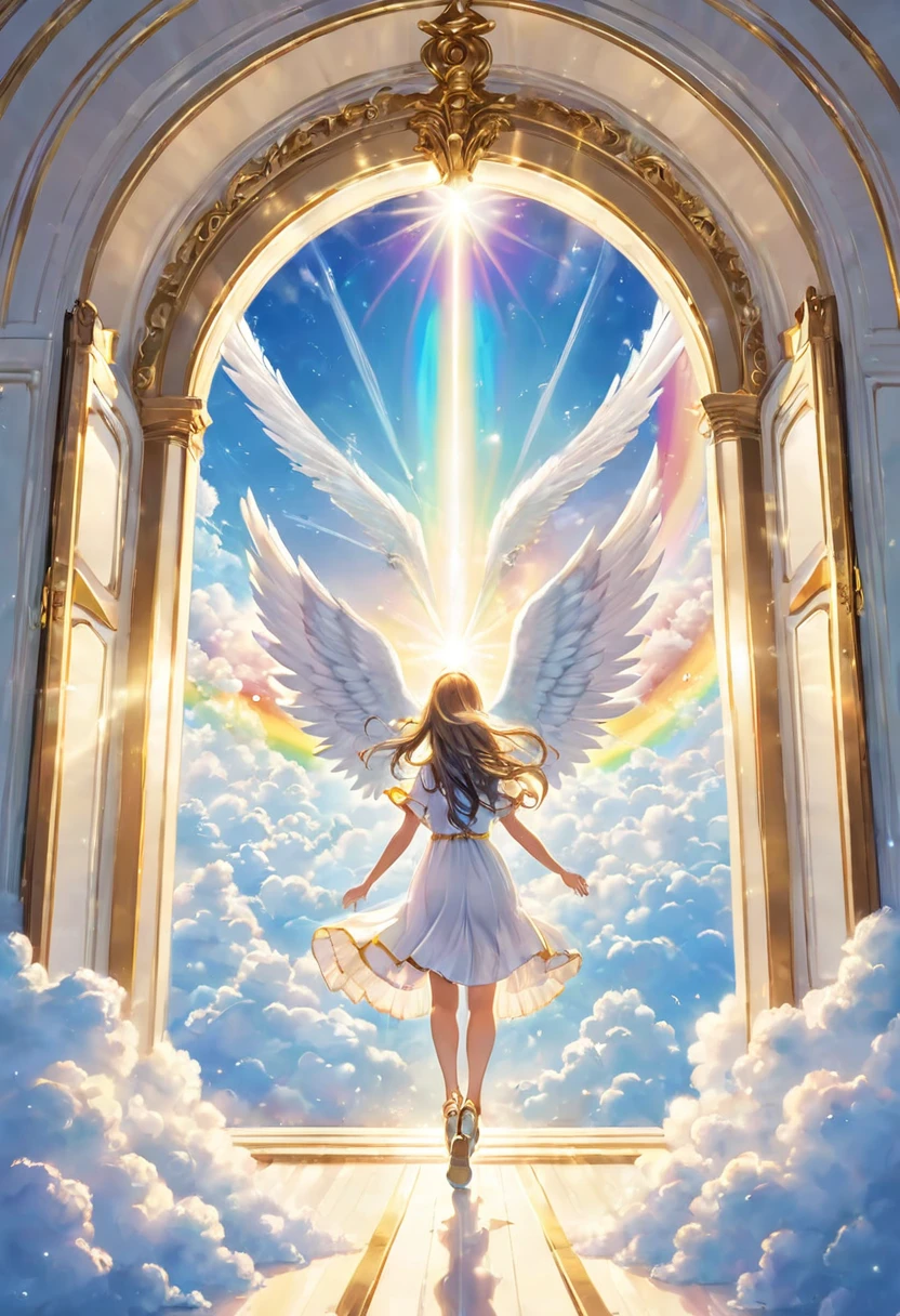 Angels reunite in front of the big white door of heaven, joy, happiness, smiles, shining space, above the clouds, rainbow bridge