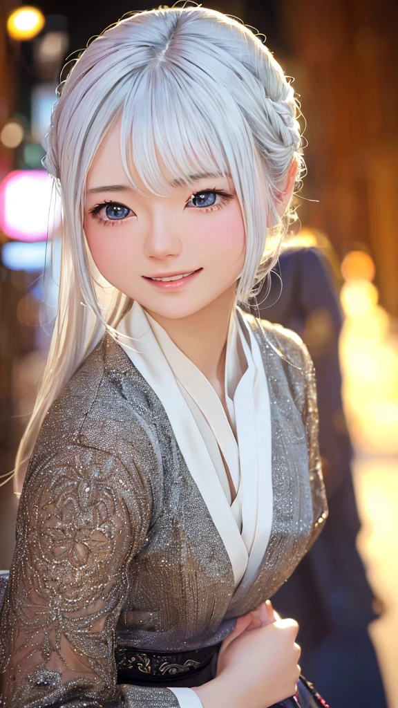 (((Highest quality))),(((Very detailed))),masterpiece,(((Realistic))),(((Photorealistic))),Russia、１men and women、Beautiful silver hair、Natural light、smooth lips、Small Nose、((No makeup))、(((Cute beautiful perfect face at 18 years old)))、Small breasts、Cute pose 、(Smiling Kindly)、((Detailed face)), ((Upper body details)), (Delicate skin), White skin,(Cold colors)、(Highest quality) ,Gion Walk、((Blurred Background))