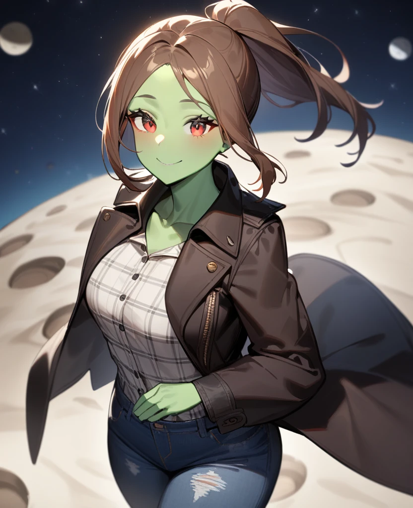 1girl,solo,red eyes,((brown hair:1.5)),ponytail,((light green skin)), very tall, tattered coat, black coat, tan jeans, flannel shirt,cowboy shot,on moon, blue and grey saturn in sky,Science fiction,ultra-detailed,sharp focus,aesthetic,(best quality) smiling