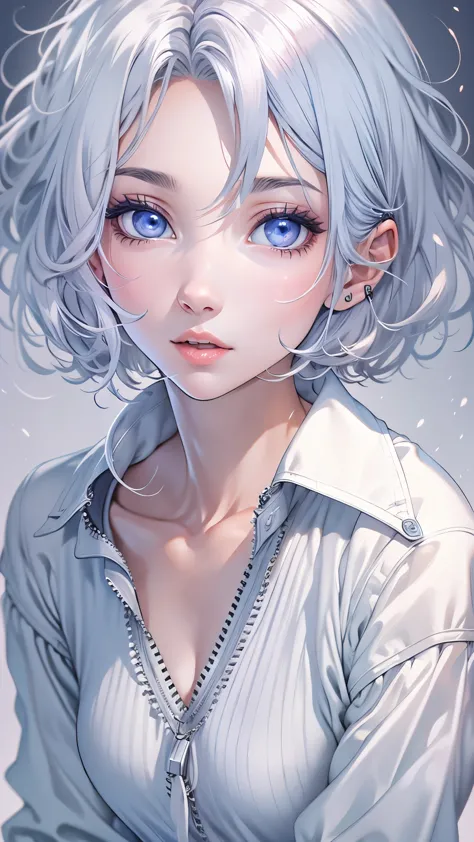  female，silver hair，blue eyes，short camisole，crop shirt，Off shoulders，white，Art， anime，illustration