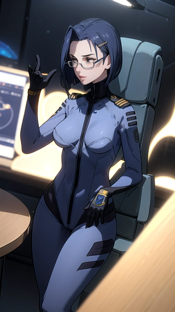 a beautiful young girl with short blue hair, a light smile, brown eyes, hair clips, lips, stud earrings, semi-rimless eyewear, wearing a glossy blue bodysuit, with a large buttocks and small breasts, (best quality,4K,8K,highres,masterpiece:1.2),ultra-detailed,(realistic,photorealistic,photo-realistic:1.37),highly detailed face, extremely detailed eyes and face, long eyelashes, beautiful detailed eyes, beautiful detailed lips, concept art, cinematic lighting, vibrant colors, hyper-realistic,((Navy blue bodysuit))(Glasses)((Inside the spaceship))((Sit on a chair and cross your legs))((Shiny bodysuit))