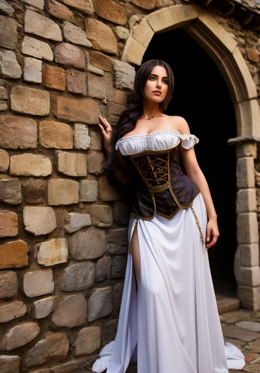 Mujer Arafed con un vestido medieval parada en un edificio de piedra., estilo medieval, bella dama, Lara Croft Medieval, Mujer hermosa, princesa medieval, como personaje de fantasía medieval, mujer seductora hipnotizadora, vestido con ropa medieval, fantasía medieval, of a Hermosa mujer caballero, retrato ezio auditore como mujer, Hermosa mujer caballero, en un castillo, medieval dark fantasy