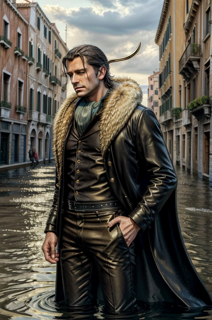 masterpiece, best quality, extremely detailed, hyperrealistic, photorealistic, a cool 40s man, ultra detailed face:1.2, fur-trimmed coat, scarf around the neck, his left hand is a golden pirate hook:1.1, venice, flood, the street is underwater, building destroyed, cloudy sky, dynamic angle