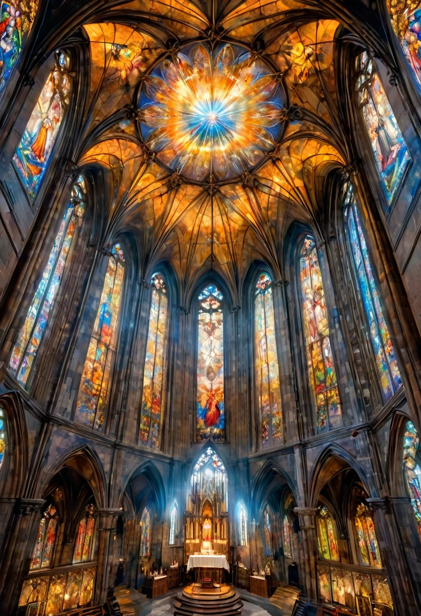 Angels praying in the cathedral of heaven, view from above, the ceiling painting is an angel, Gothic architecture, beautiful stained glass, the earth floating in the middle, a sacred space filled with light