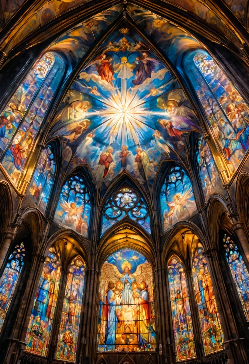 Angels praying in the cathedral of heaven, view from above, the ceiling painting is an angel, Gothic architecture, beautiful stained glass, the earth floating in the middle, a sacred space filled with light