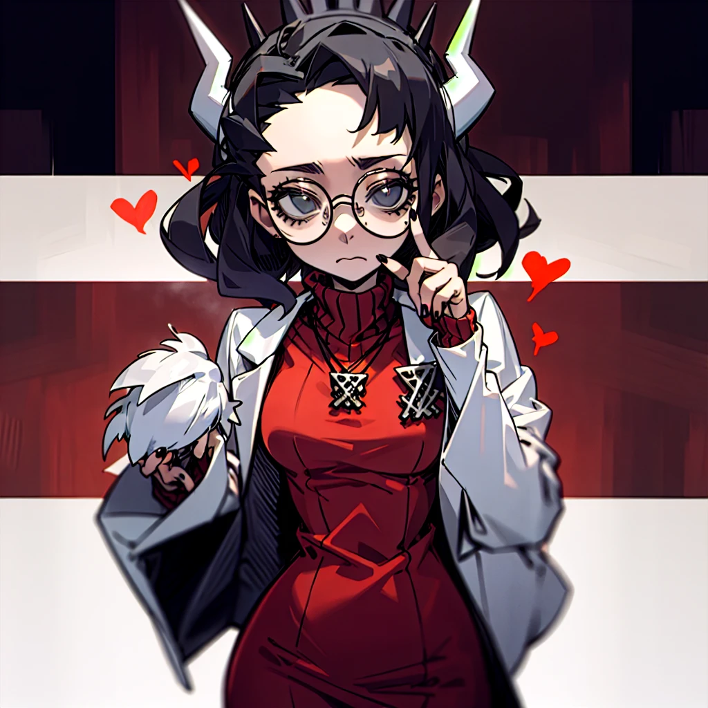 masterpiece, best quality, (helltaker:1),Dark wavy hair, Large curved horns on head, Glasses with round frames,neutral facial expression,Small bat-like wings on either side of their back, Wearing a dark turtleneck sweater,a small heart-shaped pendant around their neck, Black nail polish on their fingernails, holding up the middle finger