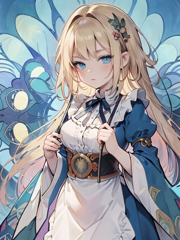 masterpiece, Highest quality, Very detailed, 16K, Ultra-high resolution, Cowboy Shot, Alice in Wonderland, (by Alfons Mucha:1.5), 10-year-old girl, Detailed face, blue eyes, blonde, Braiding, Long Hair, Ribbon on head, Blue clothes, White apron, 大きなclockのある部屋で, clock, 壁clock, Music Box