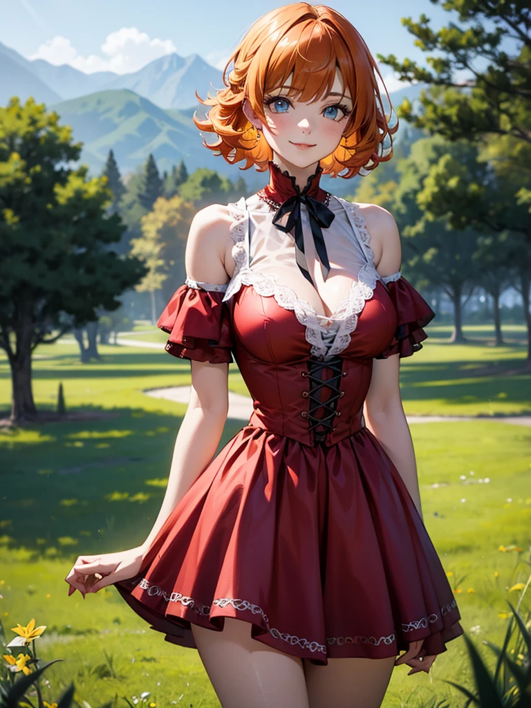 (solo), (red dress), (victorian dress), (smile), pale skin, (pale), outdoors, large breasts, happy, radiant glow, ((cowboy shot)), (holy aura), orange hair, ginger hair, bare shoulders, greenlands, open plains for background