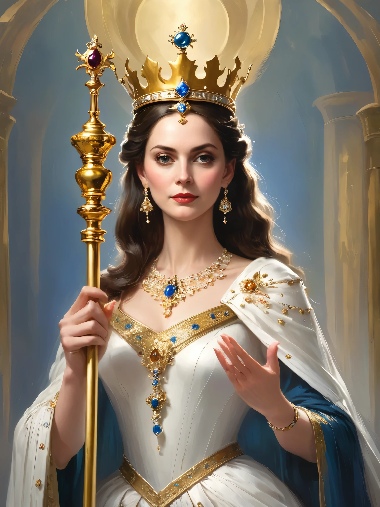 A painting，Queen，Golden crown，Holding a scepter, 