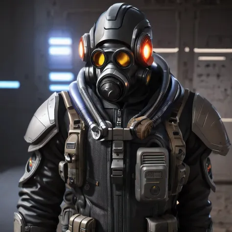 image of a man wearing a gas mask and goggles, science fiction characters render, 3d rendering style, science fiction characters...