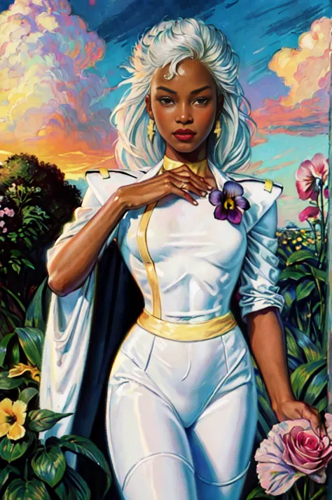 (sexy pose, erotic pose, touching breast, touching crotch, blushing):1.5, mischievous smile, storm from the x-men, storm, white ...