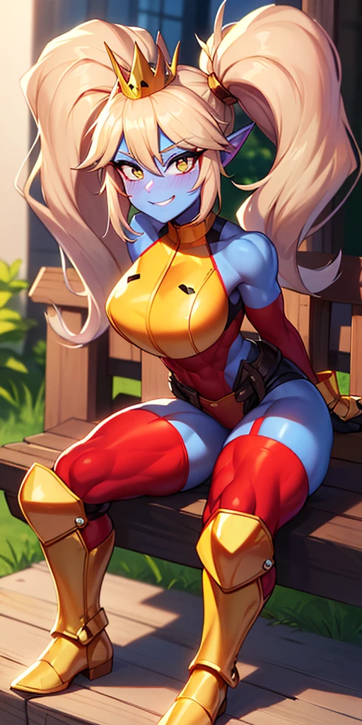 Lancer Artoria body (Alexis Texas Face), elegant adult female, blonde, green eyes (yellow eyelashes) crown, turtleneck, full body sitting on a bench, showing ass to me, RED breastplate, RED skin (1SologirlRED skin:1.2), looking at viewer, shiny, armor, thigh highs, high boots, pauldrons shoulder armor, faulds, poleyn, RED gloves gauntlets, rerebrace, RED military armored boots, yordle muscular lean platinum blonde long twin tails hairstyle at the bedroom lustful smirking smile face red blushed, blush, strong abs, female body builder, tiara, twin drills hair, (masterpiece, best quality, ultra detailed, best shadow)