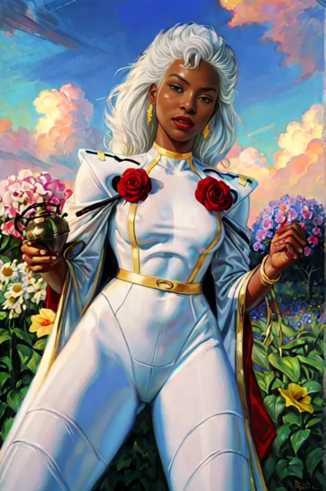 (sexy pose, erotic pose, touching breast, touching crotch, blushing):1.5, mischievous smile, storm from the x-men, storm, white ...