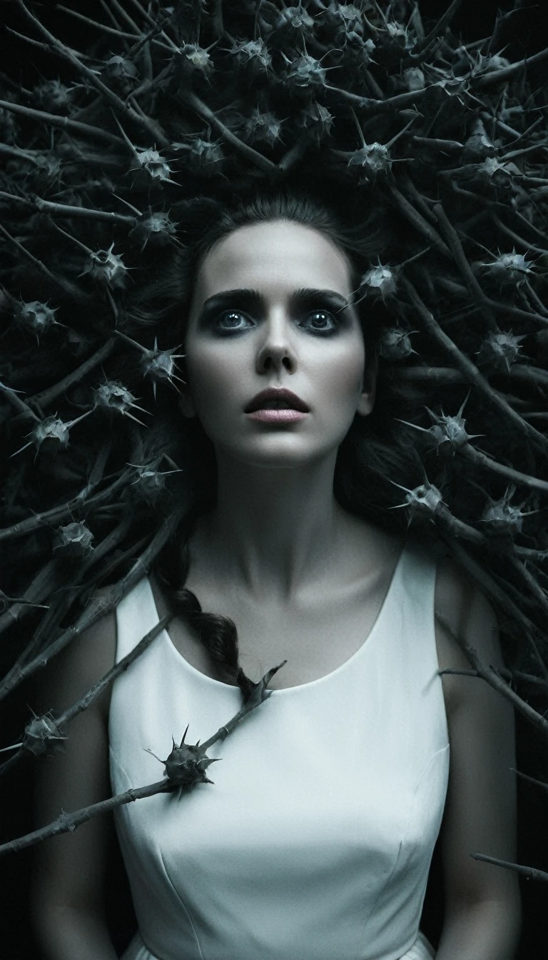 filme cinematográfico ainda,de cima,justaposição of a creepy disturbing photo of a woman3 wearing white dress with her eyes opened covered in hair and thorns,Sozinho,monocromático,escala de cinza,sem humanos,plantar,Horror (tema) justaposição,artístico,fotografia,Luz dramática,luz de sombra dramática,contraste,cor saturada,cinematic,cinematográfico,fotográfico,realista,Realismo,perfeitoion,perfeito,Justaposto,oposto,coisas diferentes,lado a lado,sincretismo,antítese,justaposição style,Horror (tema) , criativo, photoRealismo, hyperRealismo, Fine art fotografia style, Fine art cinematic fotografia style, profundidade superficial de campo, vinheta, Altamente detalhado, alto orçamento, Bokeh, cinemascópio, temperamental, épico, maravilhoso, grão de filme, granulado