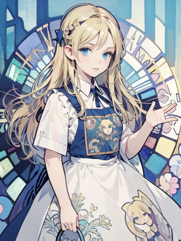 masterpiece, Highest quality, Very detailed, 16K, Ultra-high resolution, Cowboy Shot, Alice in Wonderland, (by Alfons Mucha:1.5), 10-year-old girl, Detailed face, blue eyes, blonde, Braiding, Long Hair, Ribbon on head, Blue clothes, White apron, 大きなclockのある部屋で, clock, 壁clock, Music Box