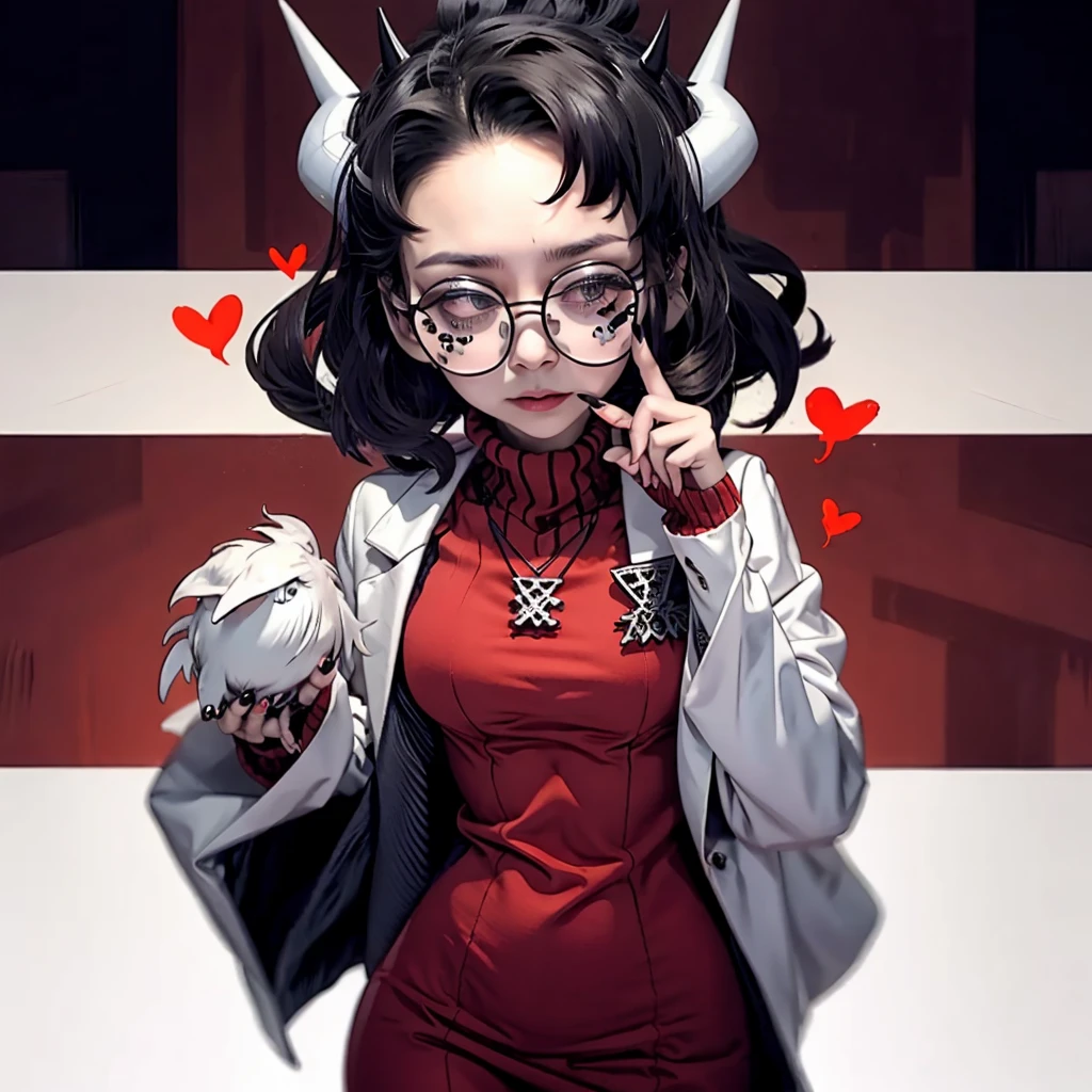 best quality, (helltaker:1),Dark wavy hair, Large curved horns on head, Glasses with round frames, neutral facial expression, Small bat-like wings their back, Wearing a dark sweater,small heart-shaped pendant around neck, Black nail polish, dark hair