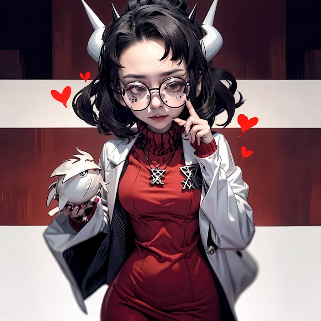 best quality, (helltaker:1),Dark wavy hair, Large curved horns on head, Glasses with round frames, neutral facial expression, Small bat-like wings their back, Wearing a dark sweater,small heart-shaped pendant around neck, Black nail polish, dark hair