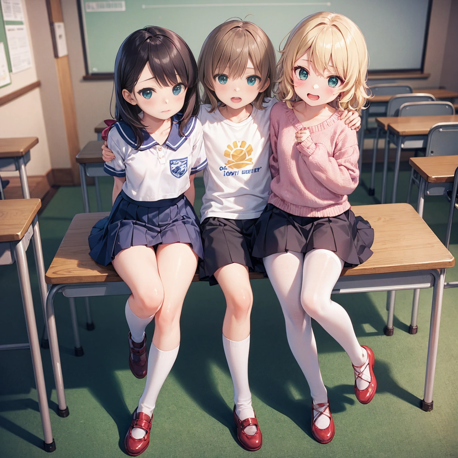 Highest quality,Highest quality,One Girl,One boy,((((10 years old)))),Flat Chest,orgasm,blush, Sweat, Sakurai Momoka,blonde,White Sarah Outfit,Navy Blue Skirt, It is not a pleated skirt,whole body,classroom, White Pantyhose、Navy Blue Skirtをめくる、Spread your legs