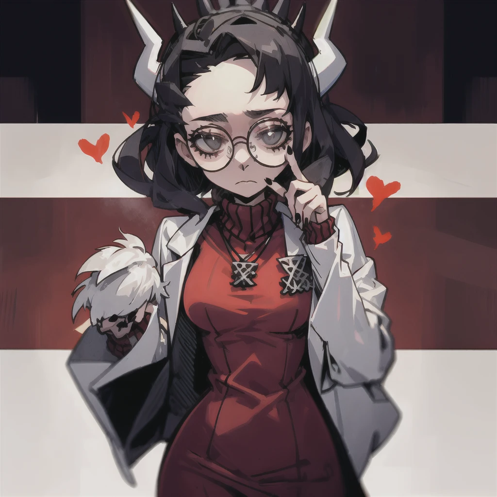 best quality, (helltaker:1),Dark wavy hair, Large curved horns on head, Glasses with round frames, neutral facial expression, Small bat-like wings their back, Wearing a dark sweater,small heart-shaped pendant around neck, Black nail polish, dark hair