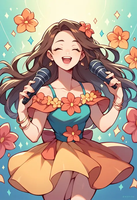 delicate chibi style  singing into microphone, brown hair and colorful flower dress