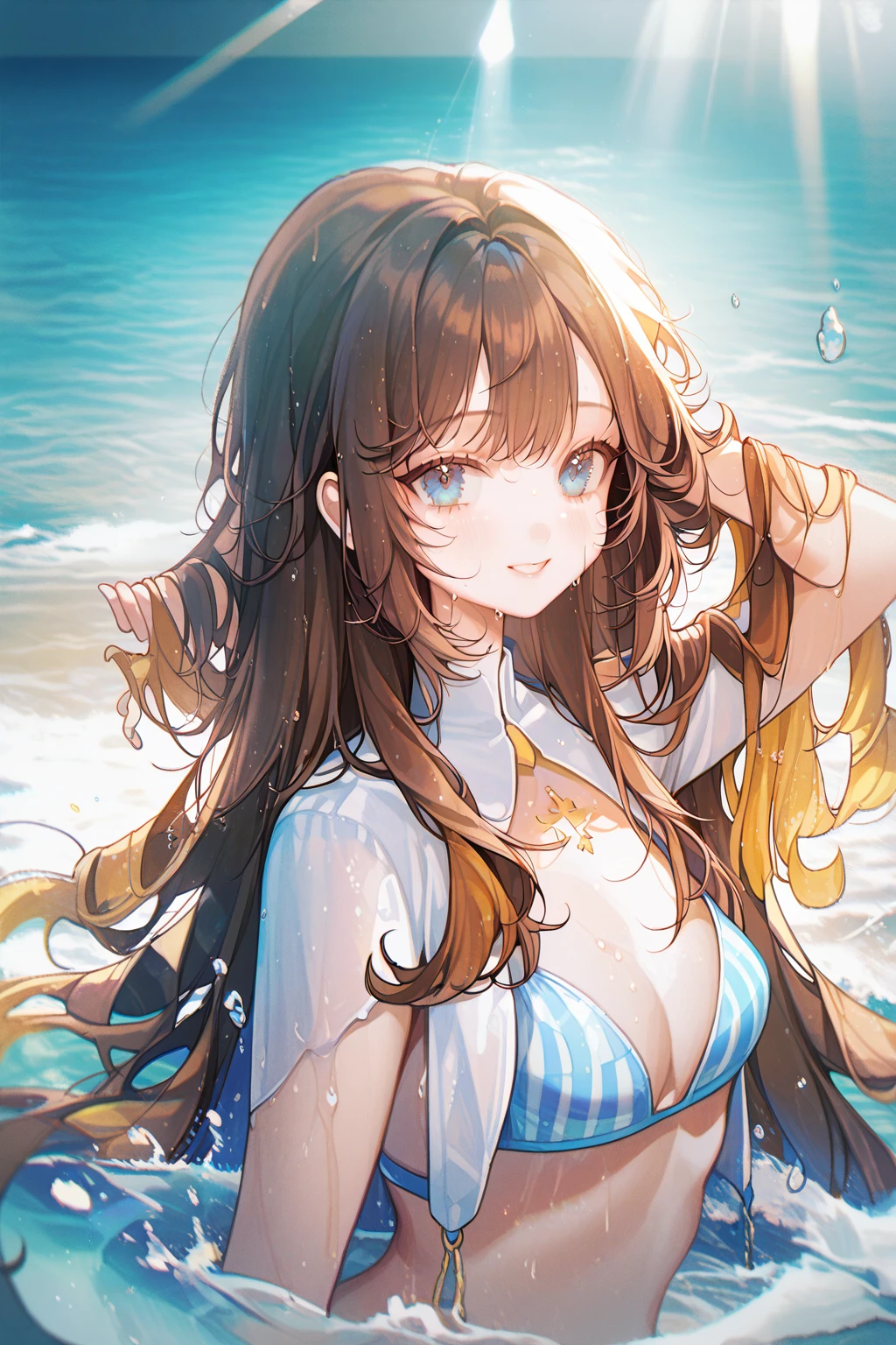 by ttosom, 1 girl, CuteStyle, upper body, blue eyes, brown hair, long hair with bangs, dressed in a bikini, striped bikini with yellow and blue, standing on the seashore, water, splashing water, drops of water, flowing hair, day, light, rays of the sun, sand, detailed, beautiful, medium chest, neckline, looks at the viewer, smile, blush, wet body, dynamic, gentle tones