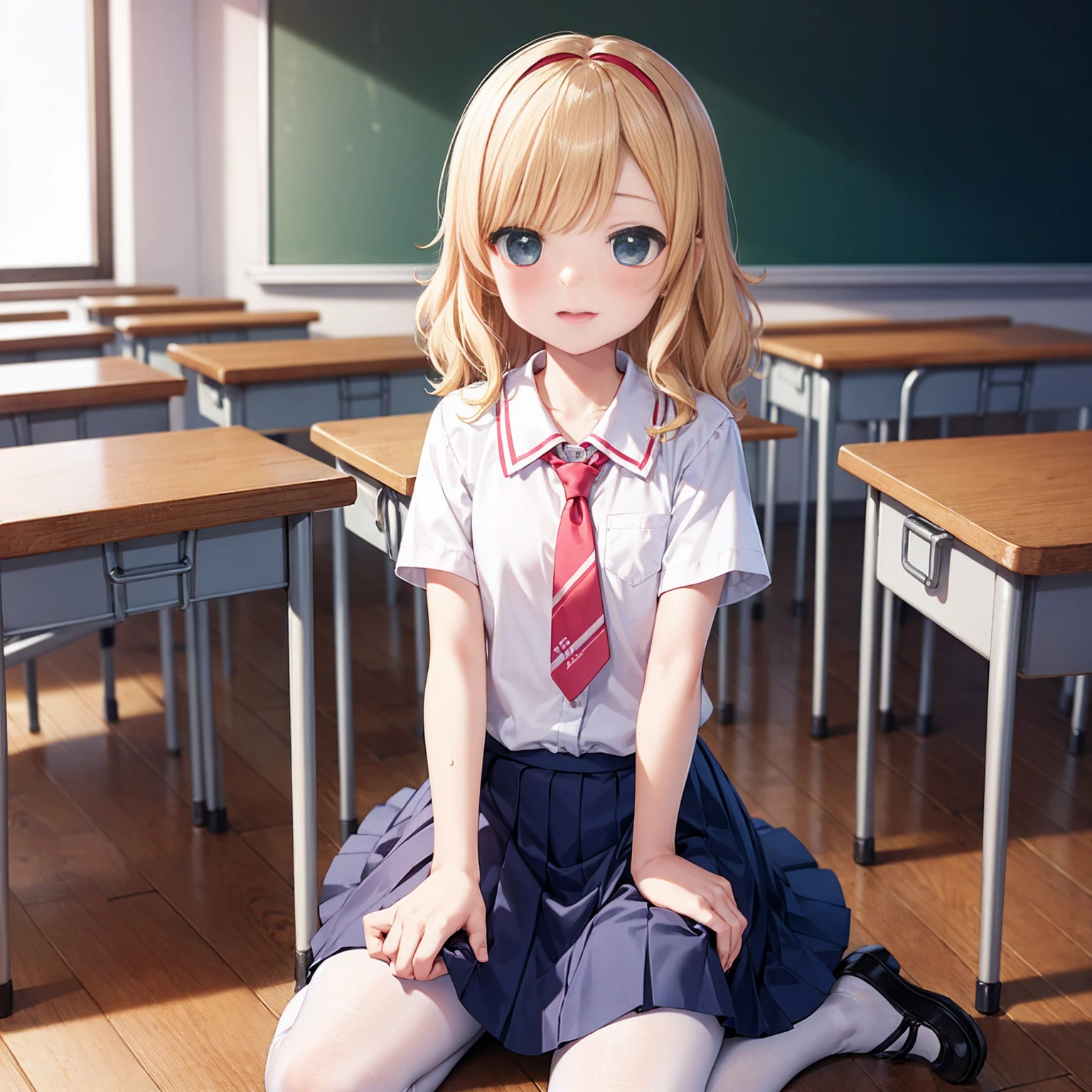 Highest quality,Highest quality,One Girl,One boy,((((10 years old)))),Flat Chest,orgasm,blush, Sweat, Sakurai Momoka,blonde,White Sarah Outfit,Navy Blue Skirt, It is not a pleated skirt,whole body,classroom, White Pantyhose、Navy Blue Skirtをめくる、Spread your legs