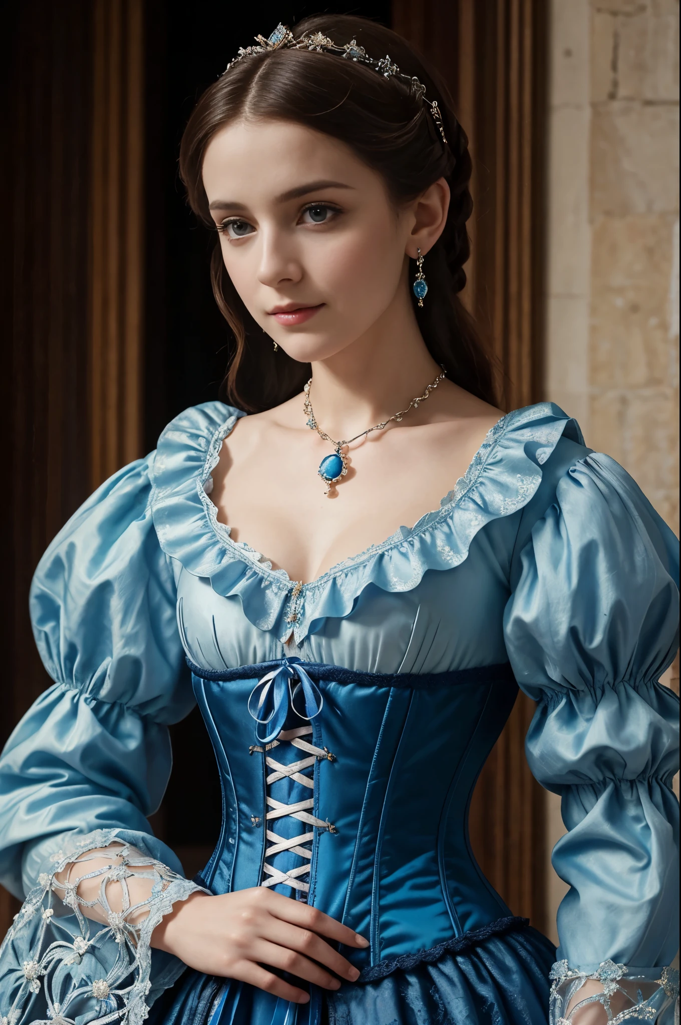 a close up of a woman in a dress with a necklace, costume with blue accents, in a high renaissance style, dressed in a medieval lacy, blue corset, in a renaissance style, corset, beautiful costume, 1 7 th century duchess, georgian dress amazing fabric, with victorian clothing, # rococo, intricate victorian dress, 1 8 th century style, wearing corset