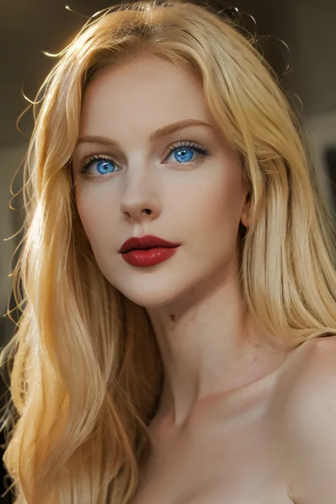 Beautiful blonde woman, with striking blue eyes and red lips. realistic photo, Masterpiece, msfiiire, 