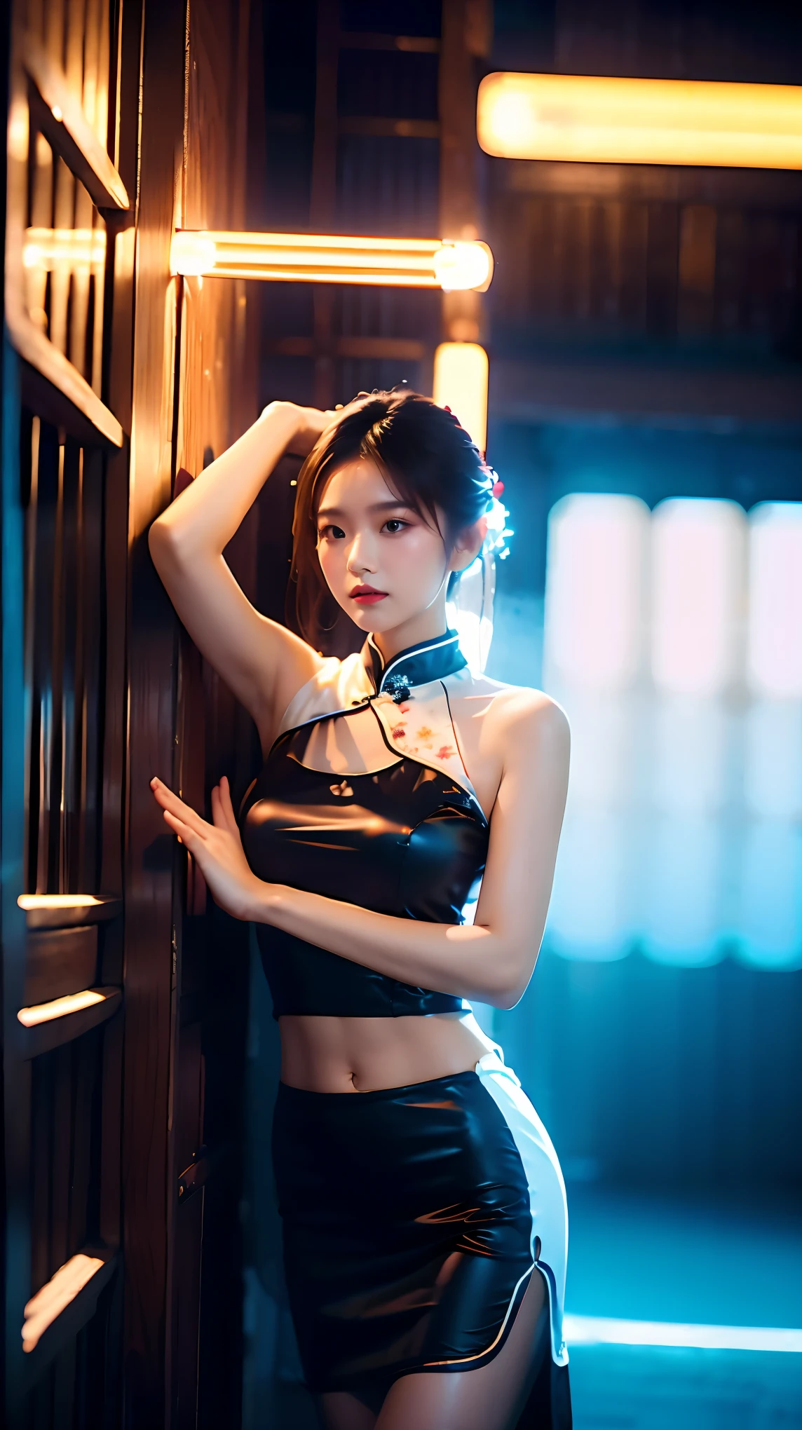 Best quality，masterpiece，16K，A girl，Wearing a black cheongsam，Leaning against the wall，Film quality，smoke，Neon，Luminescence，Multiple light sources，High light-dark contrast，night